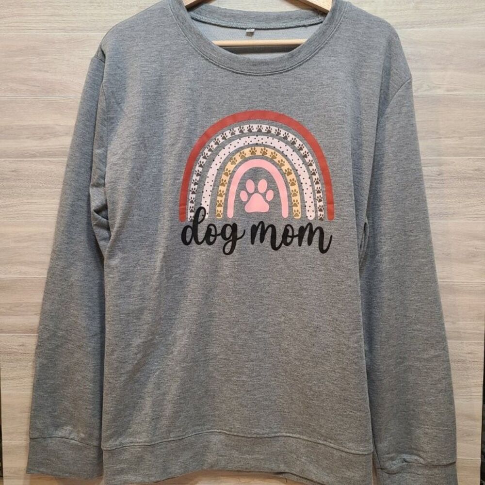 Dog Mom Sweatshirt 2XL Women Rainbow Paw Print Graphic Gray Pullover Top Sweater
